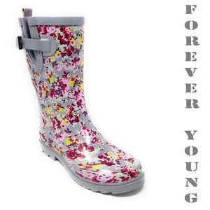 Women Mid Calf Rain Boots, #6041, Grey Flowers